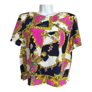 VTG 90s Diversity Petite Women’s Silk Blouse Short Sleeves Marine Print Size L